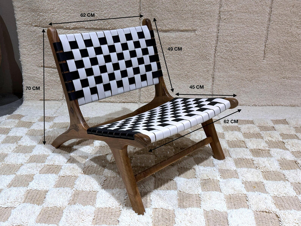 Black & white handmade Moroccan chair – Checkered woven leather accent lounge seating