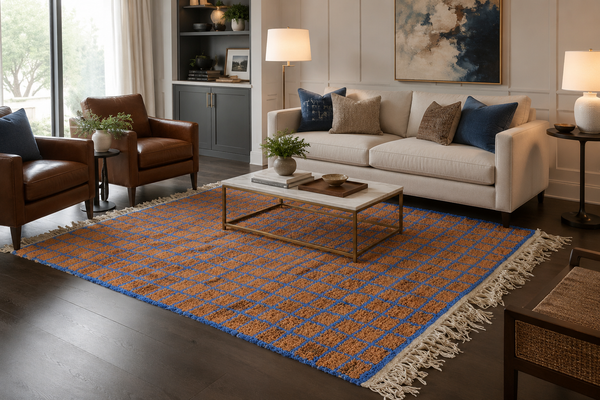 Peach Moroccan rug - Geometric Berber rug - Blue grid rug - Handmade custom rug