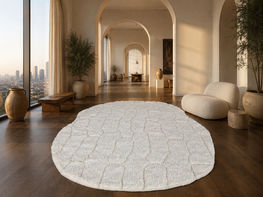 Ivory textured Moroccan rug – Handmade wool shag rug – Organic shape Berber rug – 3D geometric white rug – Custom size rug