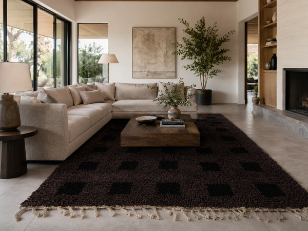 Dark brown moroccan rug - Black square pattern beni ourain wool rug– Custom size