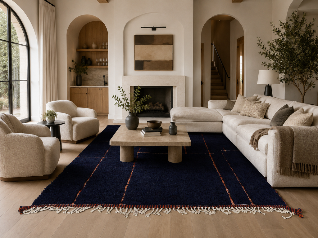 Navy blue moroccan rug - Copper line pattern beni ourain wool rug