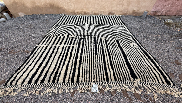 Striped Moroccan rug - Black & cream wool - 9.4 ft X 10.9 t