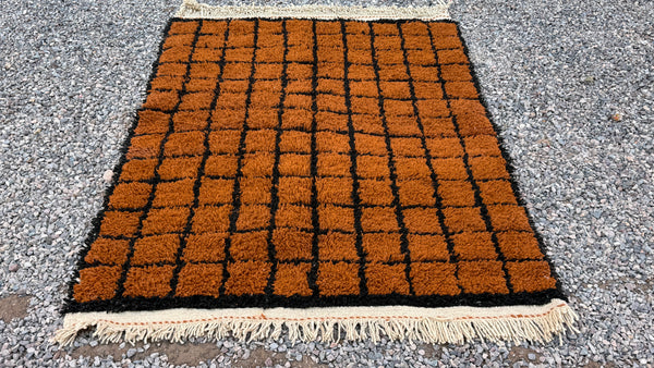 Handmade Moroccan checkered rug - Brown & black grid pattern - 4.3 ft X 6.1 ft