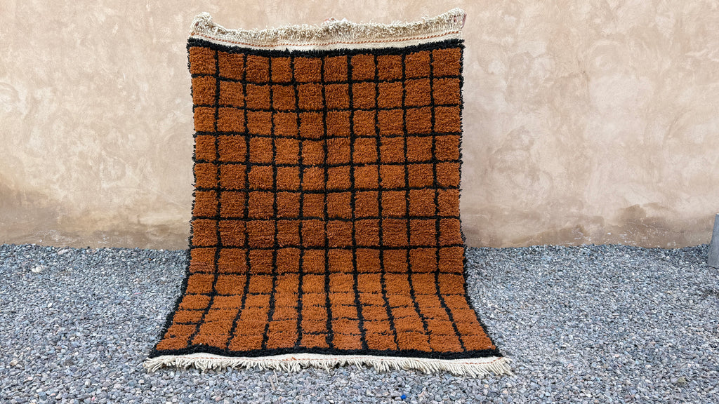 Handmade Moroccan checkered rug - Brown & black grid pattern - 4.3 ft X 6.1 ft