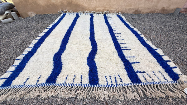 Moroccan wool rug - Custom cream with bold blue stripes