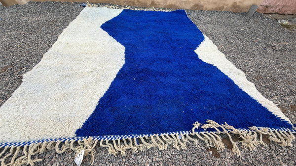 Blue & cream Moroccan rug - Handwoven with modern abstract design - 8.3 ft X 10.2 ft