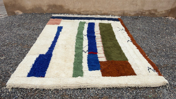 Cream Moroccan wool rug with bold vertical stripes - 8.8 FT X 12 FT