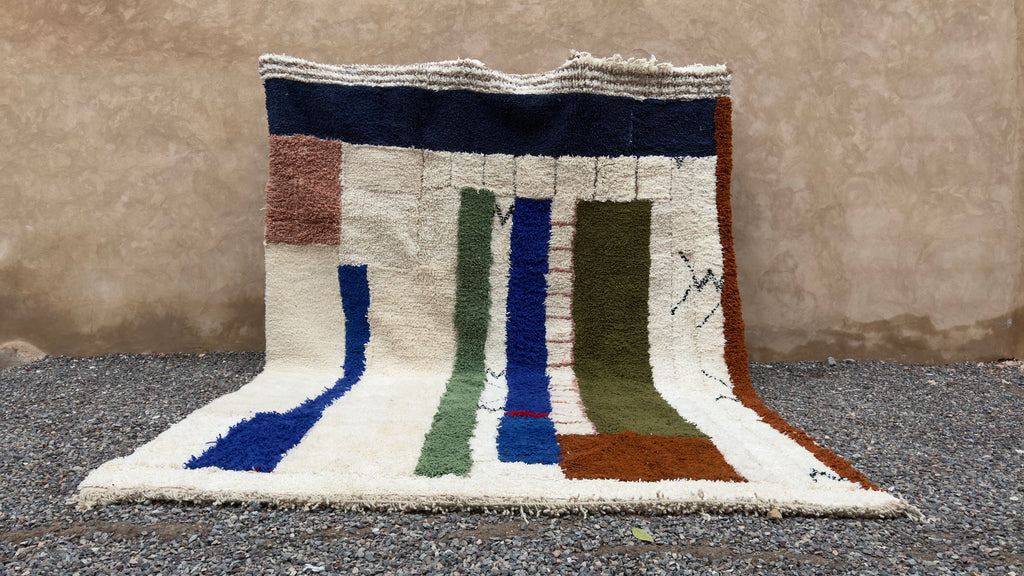 Cream Moroccan wool rug with bold vertical stripes - 8.8 FT X 12 FT