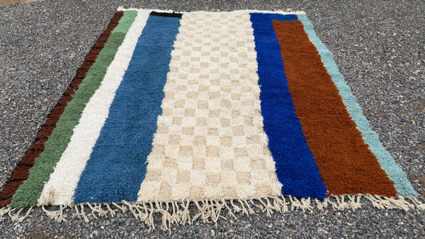Striped Moroccan rug with blue, brown and green tones - 8 FT X 9.8 FT