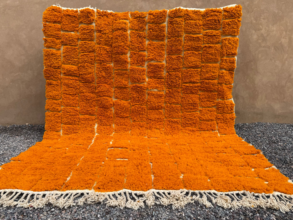 Bright orange & cream grid Moroccan rug - 8.7 FT X 9.9 FT
