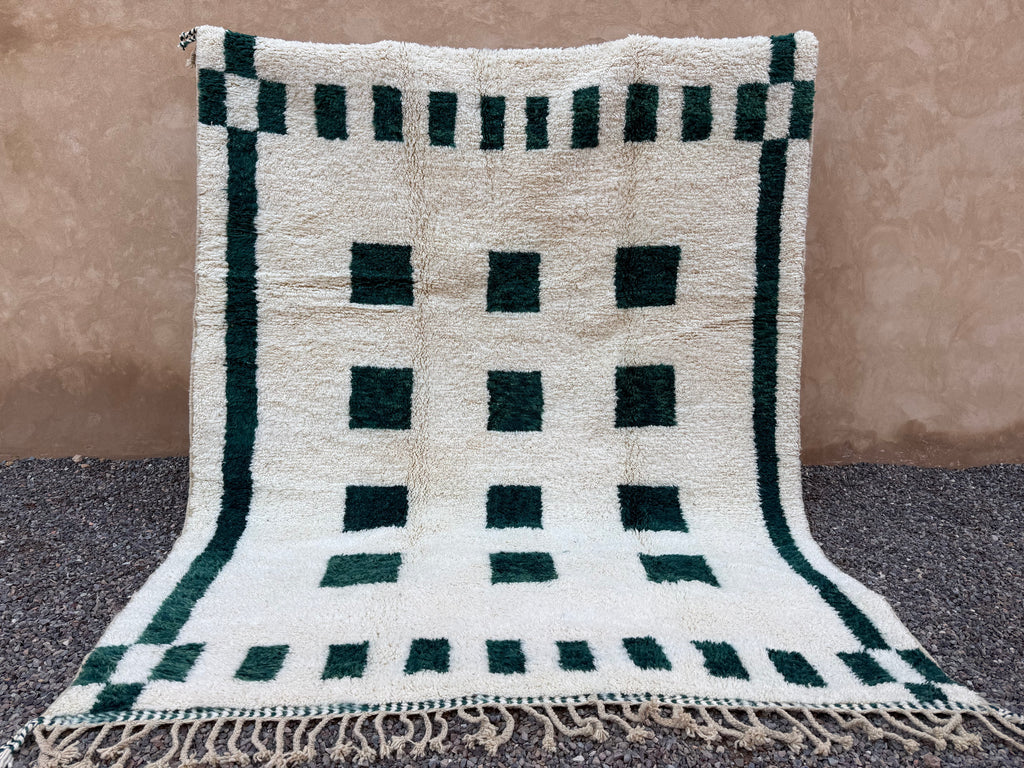 Berber Moroccan rug - Cream & forest green wool - 8.1 feet x 10.2 feet