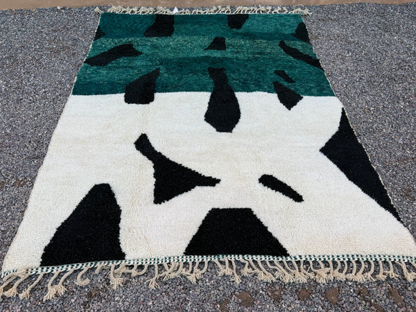 Custom abstract Moroccan rug in green, black & cream wool