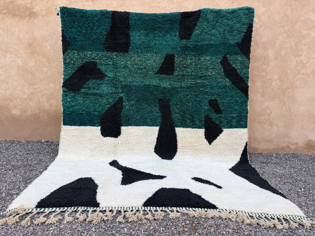 Abstract Moroccan rug - Green, black & ivory wool - 8.3 feet x 10.3 feet