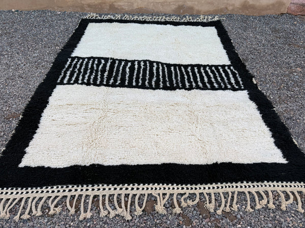 Modern Moroccan rug - Black & ivory with stripe detail - 7.9 feet x 10.4 feet