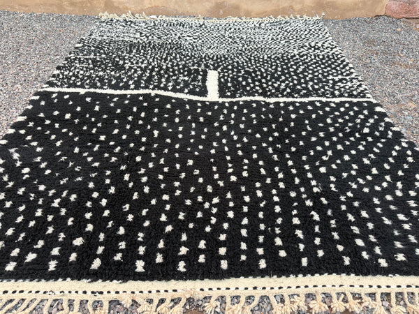 Black Moroccan rug - Ivory dotted wool design - 8.3 ft X 9.9 ft