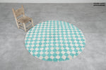 Round Moroccan Wool Rug - 4.9 ft Turquoise and White Checkered Pattern