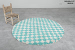 Round Moroccan Wool Rug - 5 ft Turquoise and White Checkered Pattern