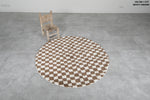 Round Moroccan Wool Rug - 5 ft Brown and White Checkered Design