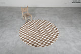 Round Moroccan Wool Rug - 5 ft Brown and White Checkered Design