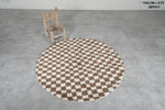 Round Moroccan Wool Rug - 5 ft Brown and White Checkered Design