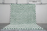 7.8 x 9.8 FT Moroccan Checkerboard Rug – Green and White Wool Statement Piece