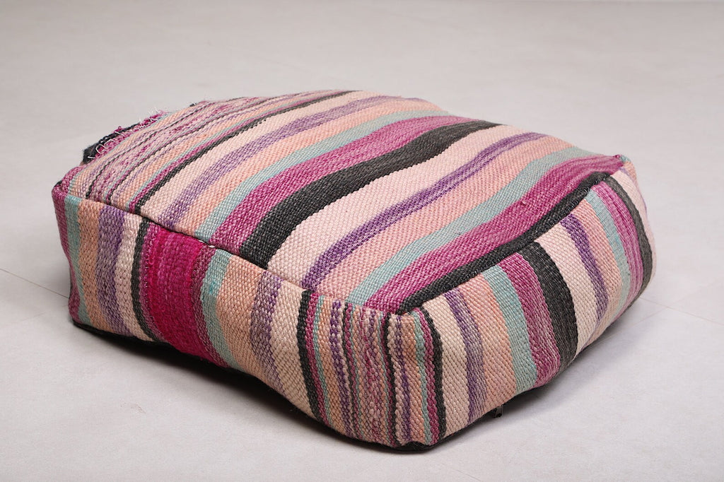 Moroccan kilim pouf - Multicolor striped floor cushion