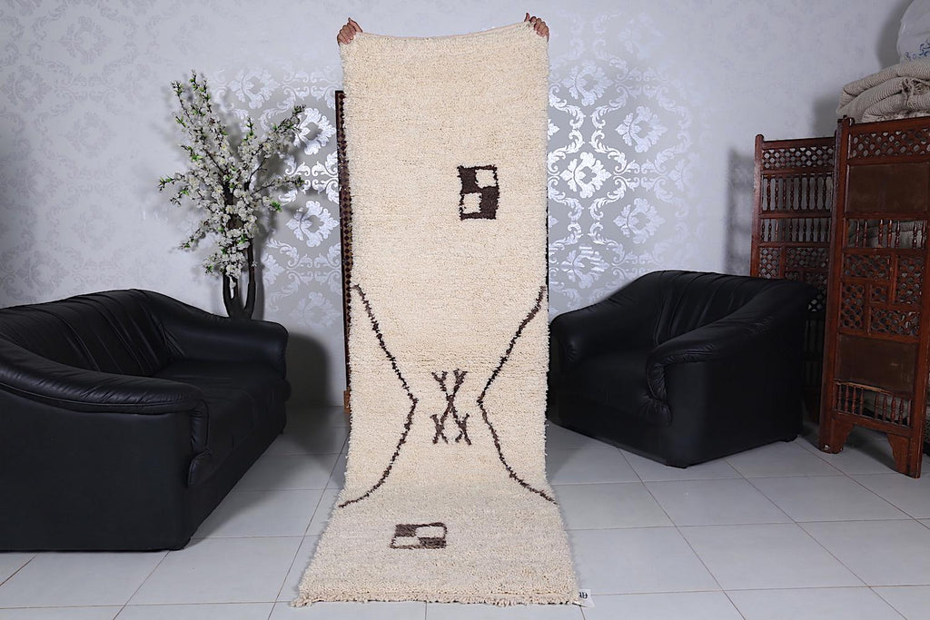 Cream Moroccan runner rug with brown geometric motif - Custom size