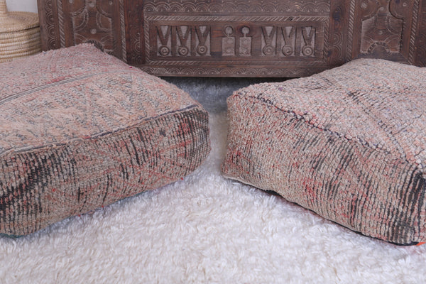 Two berber Moroccan handmade old rug poufs | Authentic handwoven wool poufs