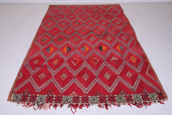 Red knotted Moroccan handmade rug - 5.6 FT X 9.3 FT