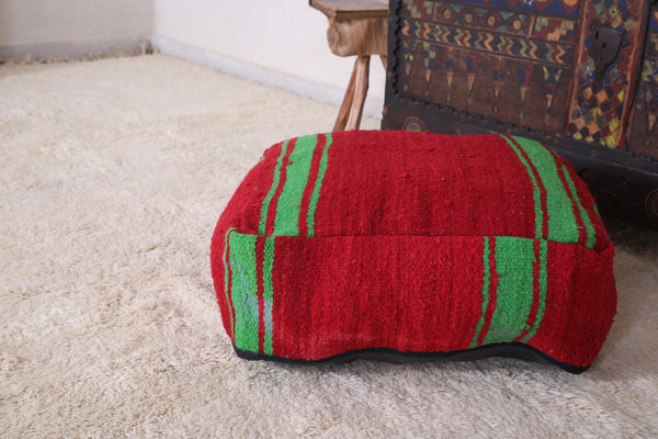 Red Moroccan berber handmade rug pouf - Bold woven cushion