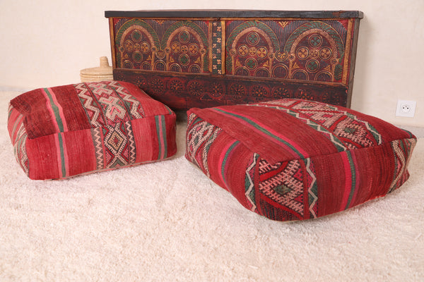 Two moroccan flatwoven rug Kilim old Poufs