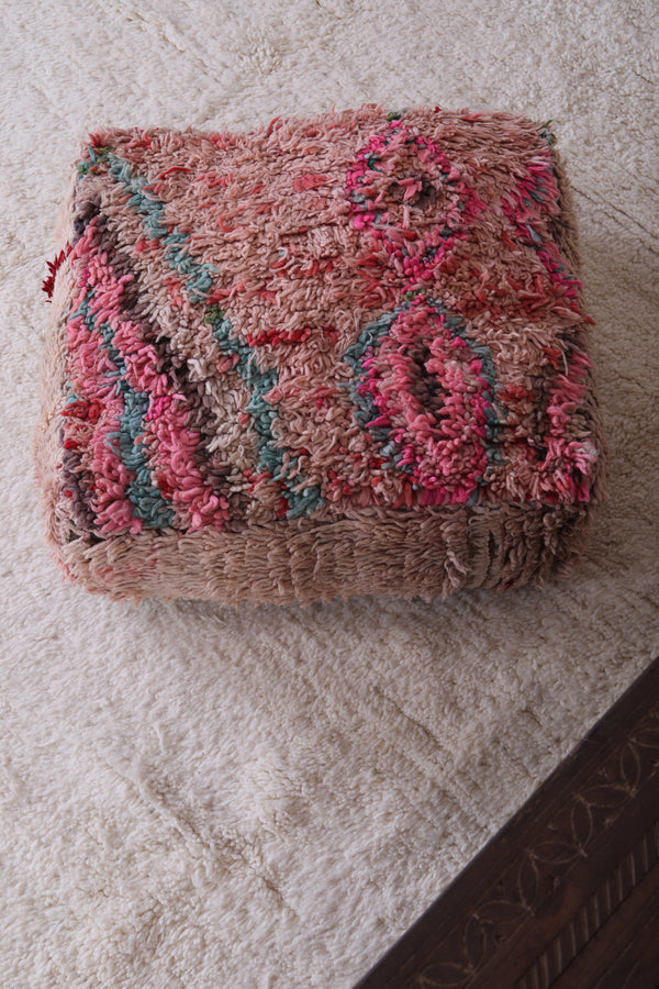Moroccan Handmade Ottoman Pink Rug Pouf | Handwoven with Geometric Patterns