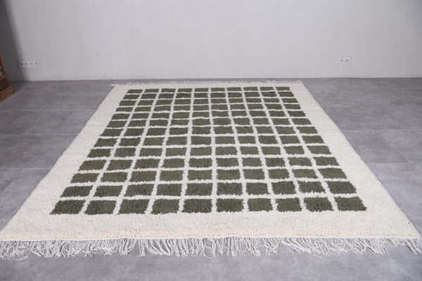 Green checkered custom size white rug – Handmade moroccan design