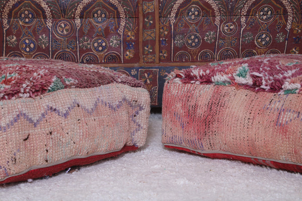 Two handmade berber Moroccan rug poufs | Authentic wool poufs with traditional designs