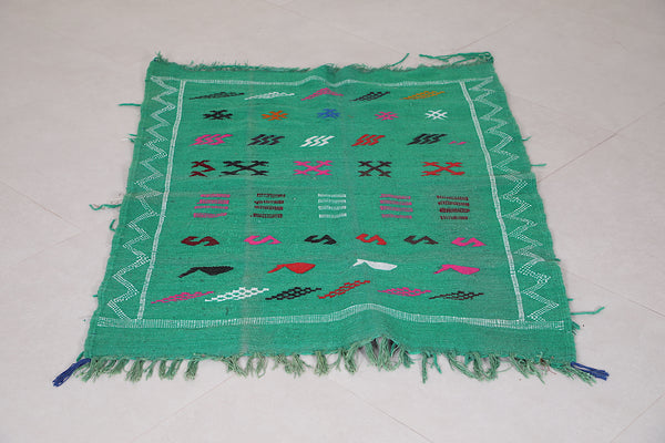 Handwoven Moroccan Green Kilim Rug – 3.1 FT x 4.1 FT | Authentic Berber Decor