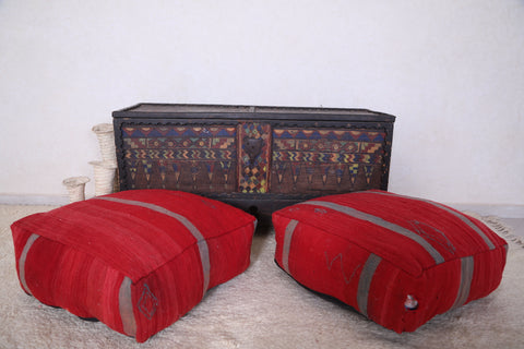 Red Moroccan berber handmade two kilim poufs