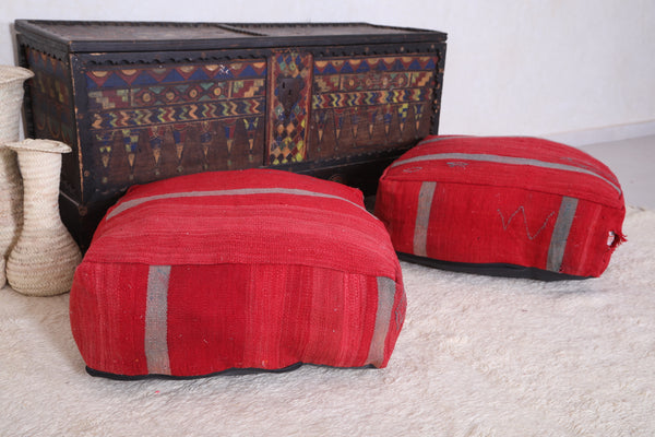 Red Moroccan berber handmade two kilim poufs