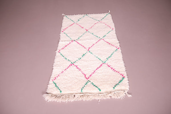 Small woolen azilal Moroccan berber carpet - 2 FT x 4.1 FT | Pink & green diamond pattern