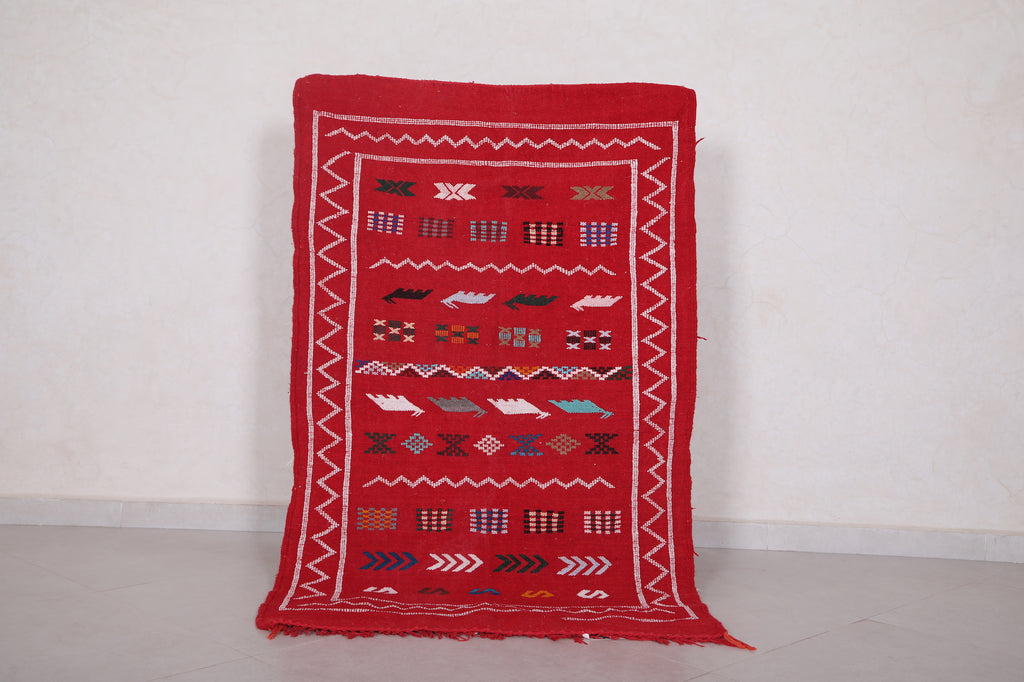 Manga røgelse Nerve Red falt woven berber Moroccan rug , 3.1 FT X 5 FT – Beni ourain rug