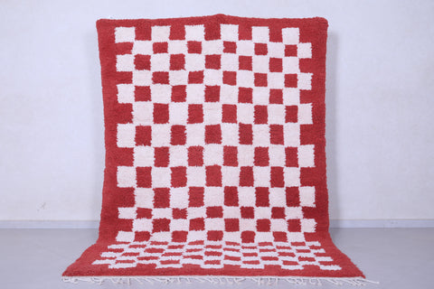 Red handmade berber checkered rug 6.2 FT X 8.8 FT