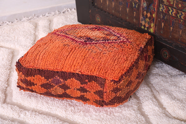 Moroccan handmade berber kilim orange rug pouf - Warm textured cushion