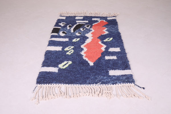 3.3 FT x 5.9 FT handmade Moroccan azilal carpet - Abstract blue and red berber rug