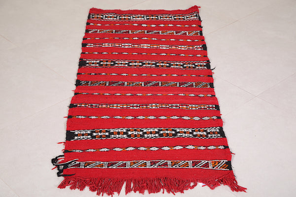 Handwoven Moroccan Runner Kilim 2.2 FT x 5.2 FT – Vibrant Red Bohemian Rug