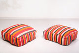 two Moroccan handmade vintage woven rug poufs
