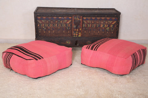 Two Moroccan handmade berber kilim pink rug poufs