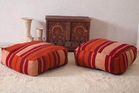 Two Moroccan colorful berber kilim old rug poufs