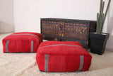 Two handmade Moroccan berber red kilim rug poufs