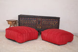Two moroccan handwoven berber kilim red rug poufs