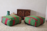Two Moroccan kilim woven berber handmade green poufs
