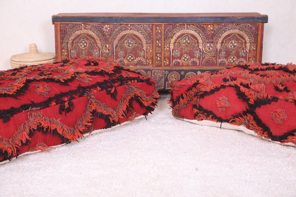Set of Two Handmade Moroccan Berber Red Rug Long Poufs – Traditional Woven Ottoman